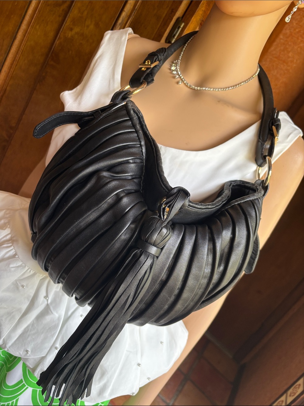 Paolo Masi Black Pleated Shoulder Hobo with Tassel